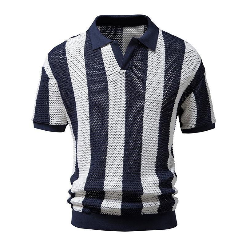Mens Summer Lapel Openwork Knitted Short-sleeved Polo Shirt 99057324M