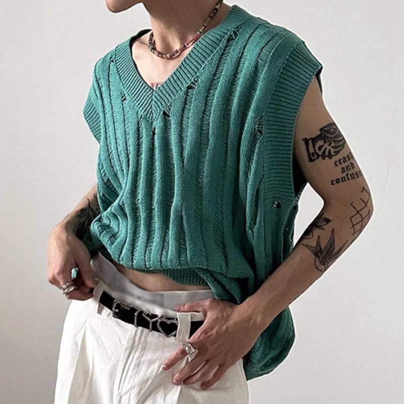 Mens Casual Loose Hollow Solid Color Knit Vest 78032282M