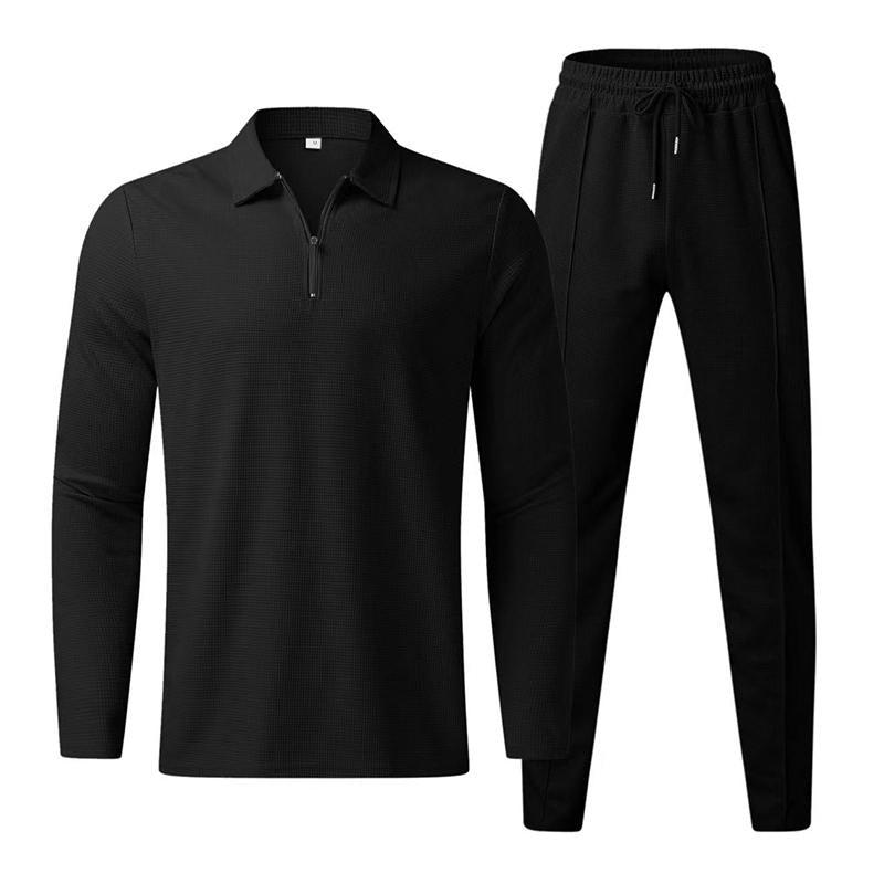 Mens Casual Lapel Long-Sleeved Polo Shirt And Trousers Two-Piece Set 09461761M