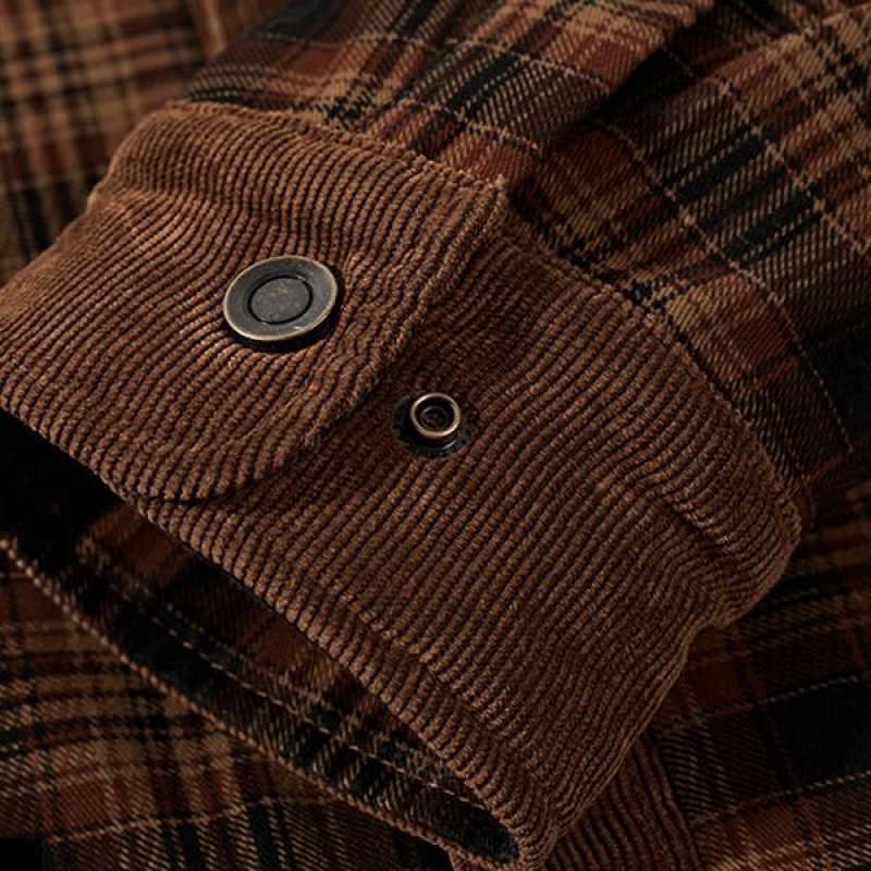 Mens Washed Cotton Plaid Lapel Fleece Thermal Jacket 14246512M