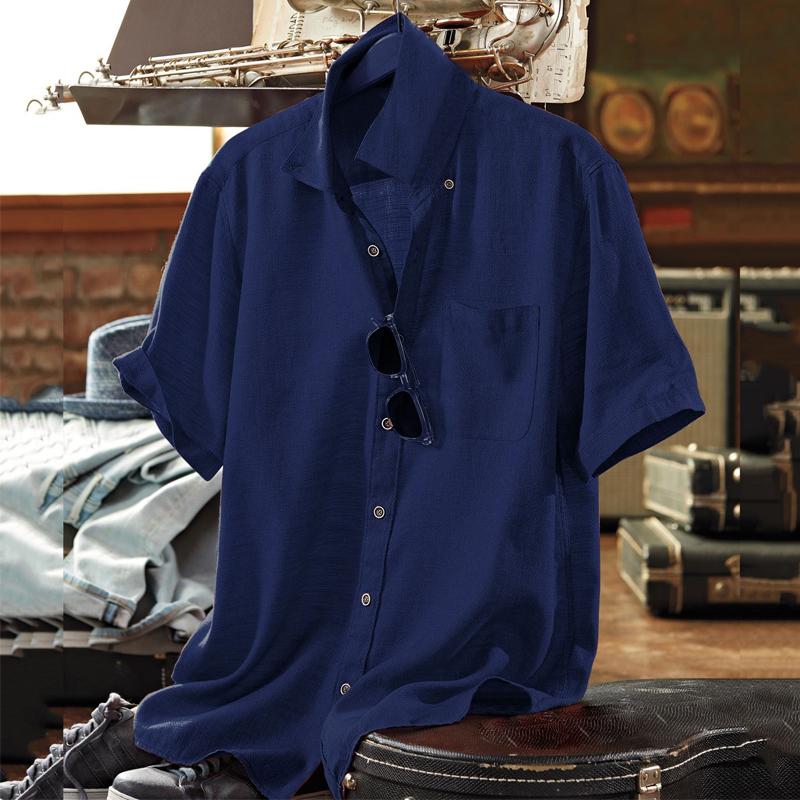 Mens Cotton and Linen Solid Color Lapel Short-sleeved Shirt 17520449X