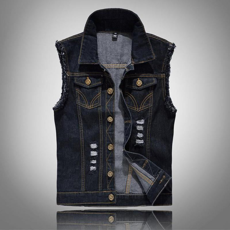 Mens Vintage Ripped Motorcycle Embroidered Patch Denim Vest 98731616Y