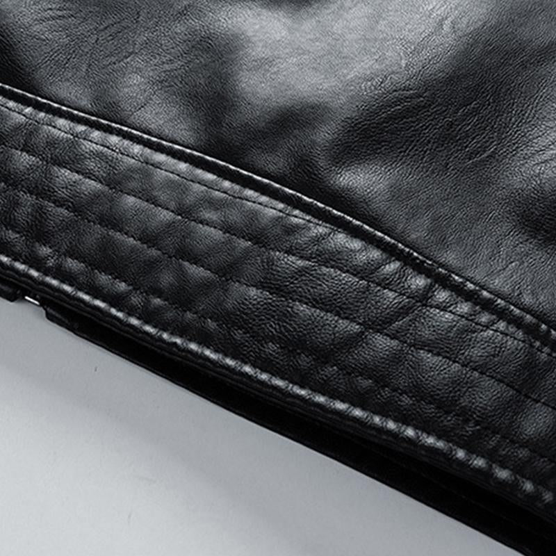 Mens Vintage Stand Collar Colorblock Stitching Zip-Up Leather Biker Jacket 01382637M
