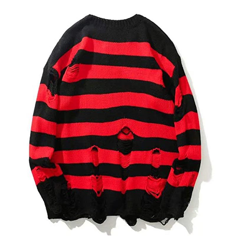 Mens Casual Round Neck Striped Ripped Sweater 27144386M