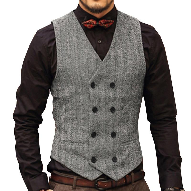 Mens Vintage Herringbone V-Neck Double Breasted Vest 84812263M