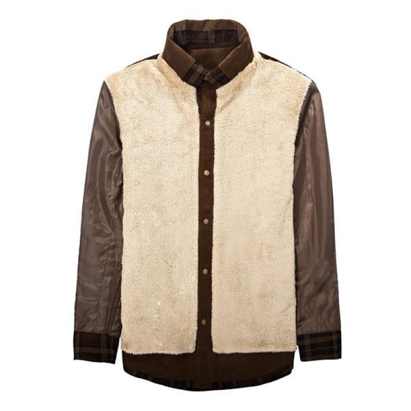 Mens Washed Cotton Plaid Lapel Fleece Thermal Jacket 14246512M