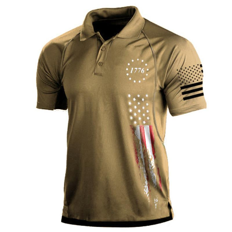 Mens Flag Print Lapel Short Sleeve Polo T-Shirt 95787594Y