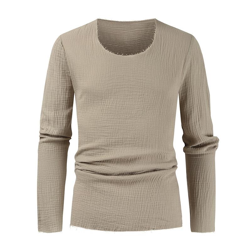 Mens Round Neck Distressed Irregular V Neck Long Sleeve T-Shirt 77596089X