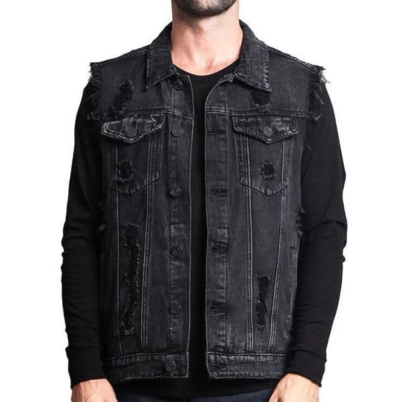 Mens Casual Distressed Ripped Denim Vest 85444127M