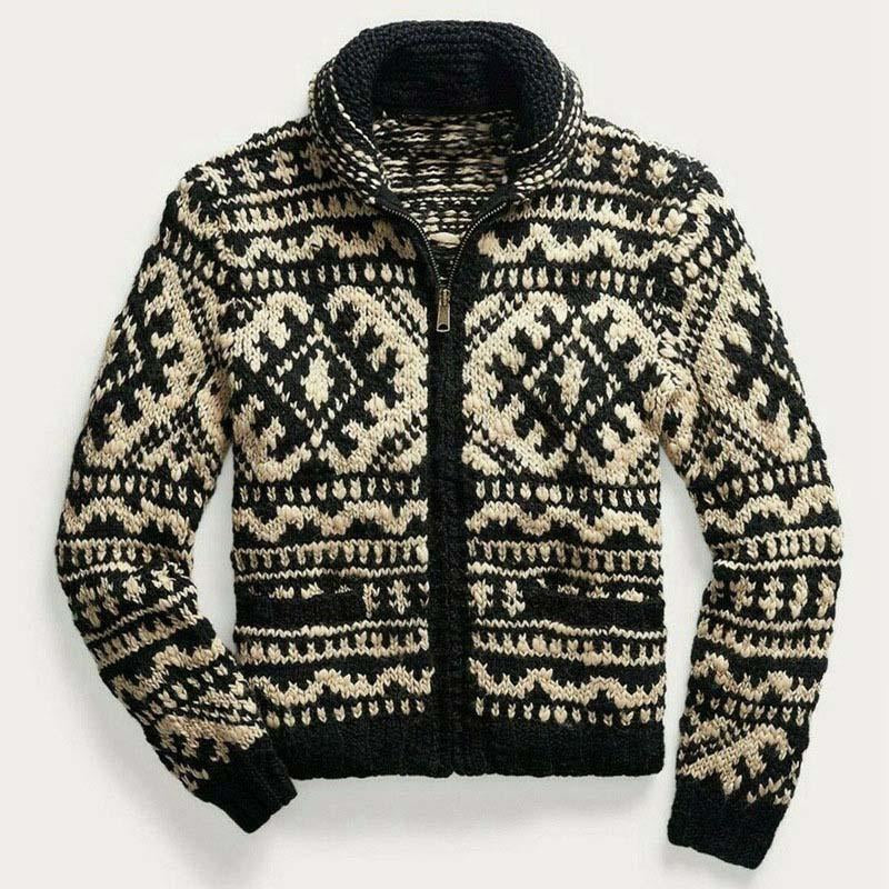 Mens Lapel Vintage Jacquard Knit Jacket 07846601M