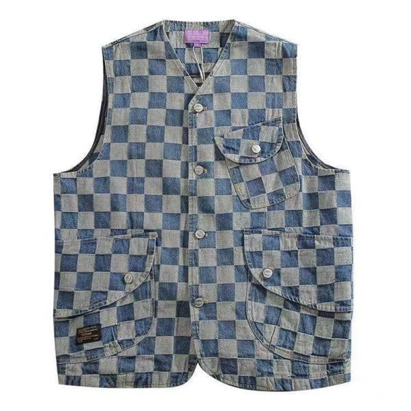 Mens Vintage Multi-pocket Cotton Washed Plaid Denim Vest 22819911M
