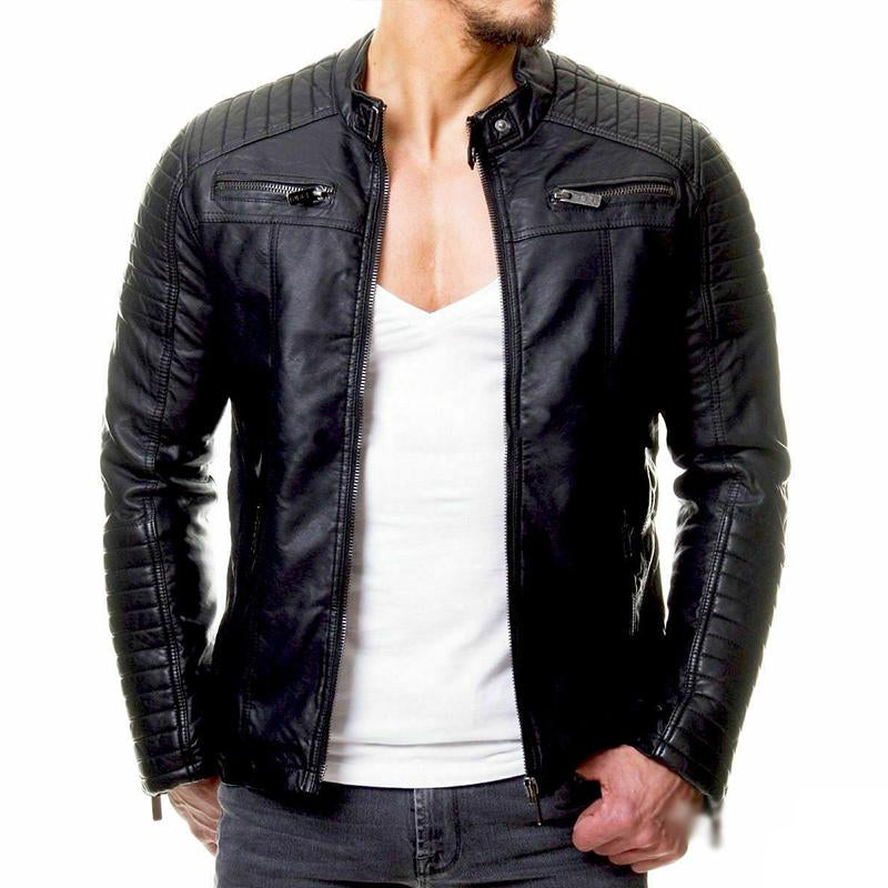 Mens Stand Collar Zipper Leather Biker Jacket 53182630M