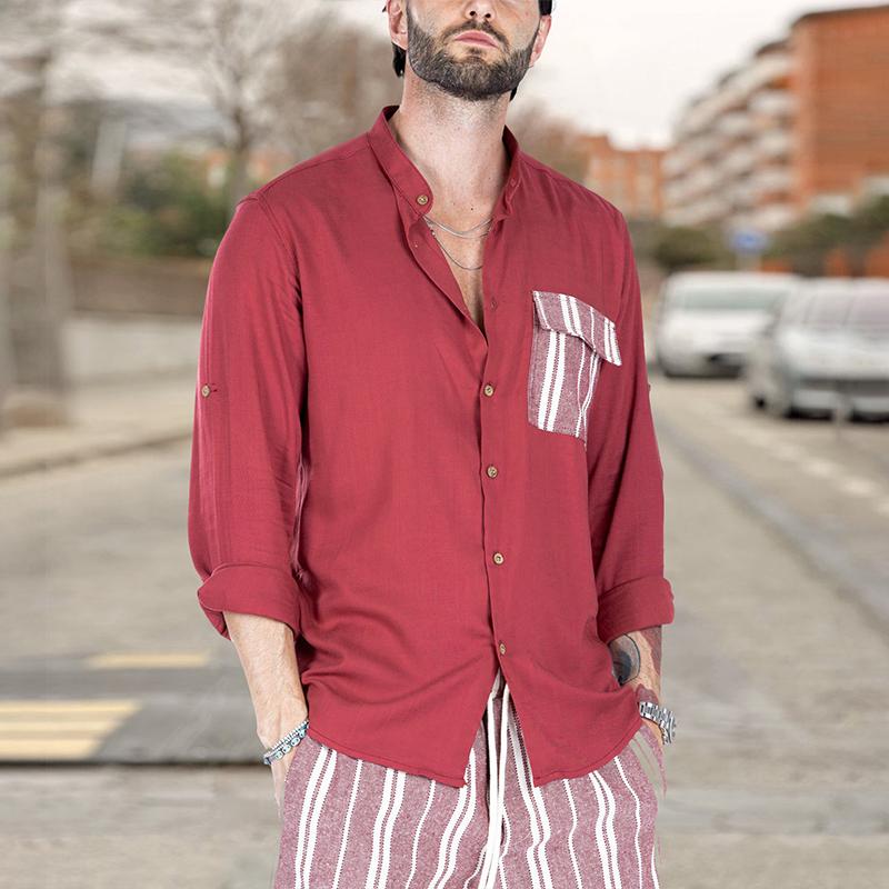 MenS Casual Summer Color Contrast Stitching Lapel Long-Sleeved Shirt 82610754M