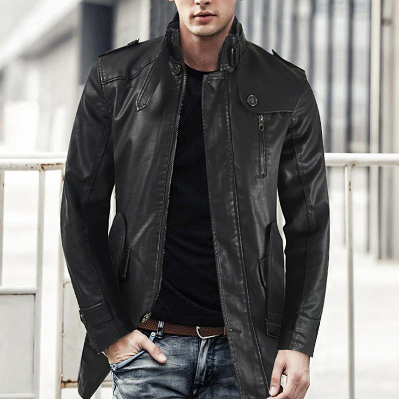 Mens Stand Collar Fleece Leather Jacket 64581367X