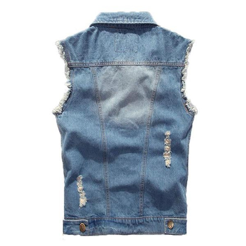 Mens Casual Distressed Frayed Denim Vest 14987136M