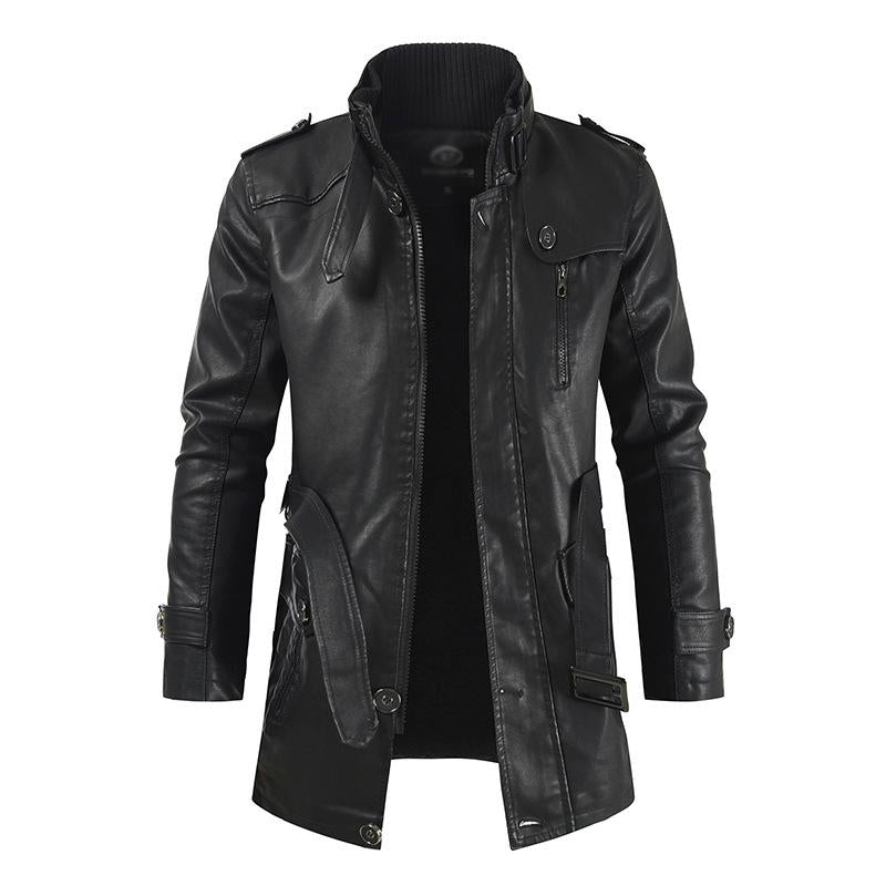 Mens Stand Collar Fleece Leather Jacket 64581367X