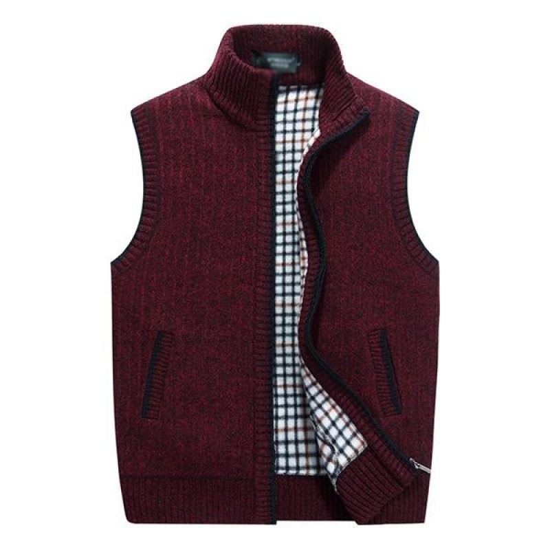 Mens Casual Stand Collar Fleece Knitted Vest 30062238M