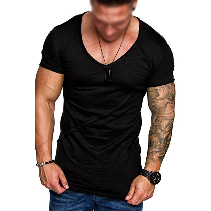 Mens Casual Stitching Solid Color V-Neck Short-Sleeved T-Shirt 36873241Y