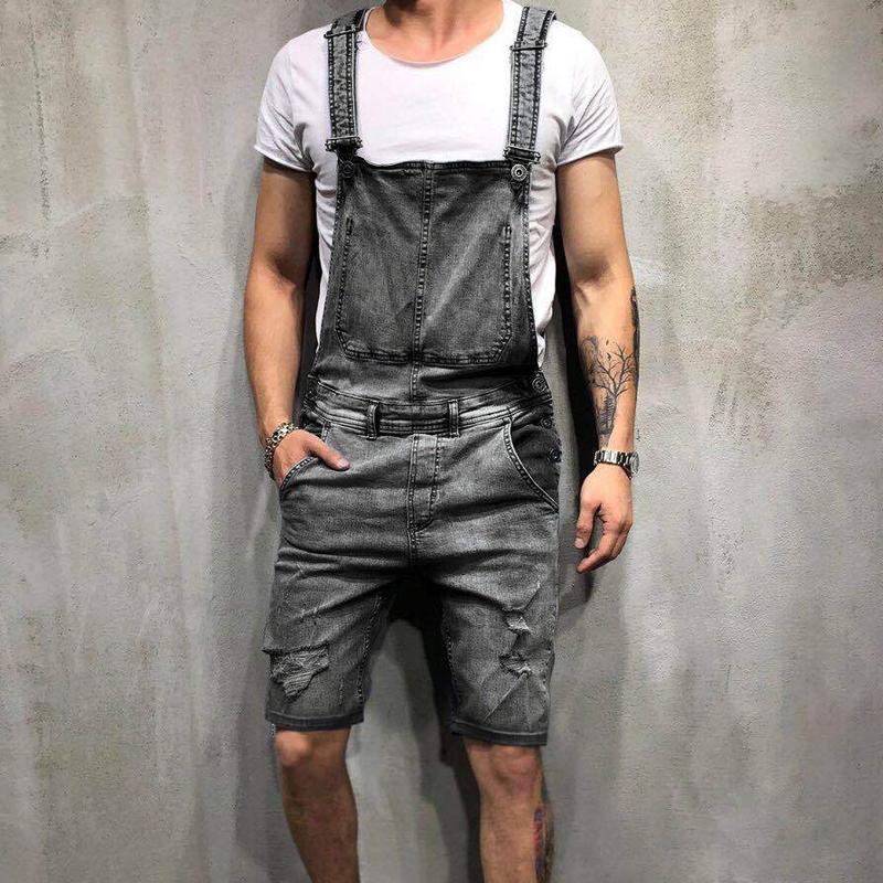 Mens Suspenders Ripped Denim Shorts Jumpsuits 81193581X