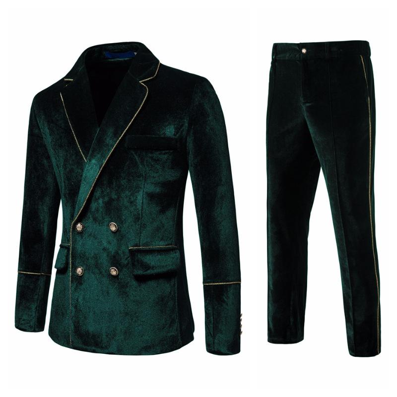 Mens Vintage Contrast Trim Velvet Double Breasted Wedding Blazer Pants Suit 01449780M