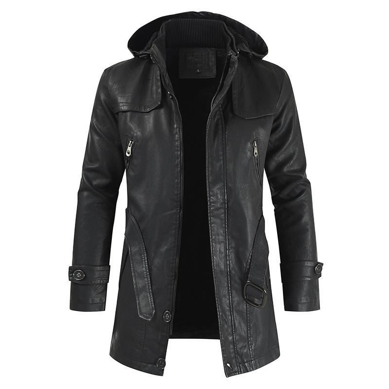 Mens Vintage Hooded Mid Length Leather Coat 39111752M