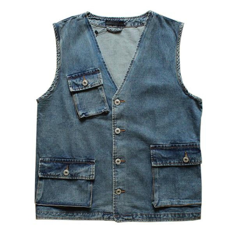 Mens Vintage Washed Patch Pocket Loose Denim Vest 97616243M