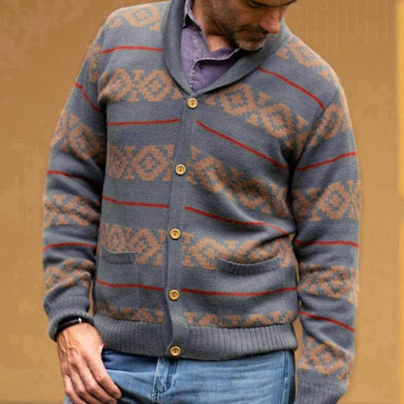 Mens Vintage Striped Jacquard Knit Cardigan 54557886M