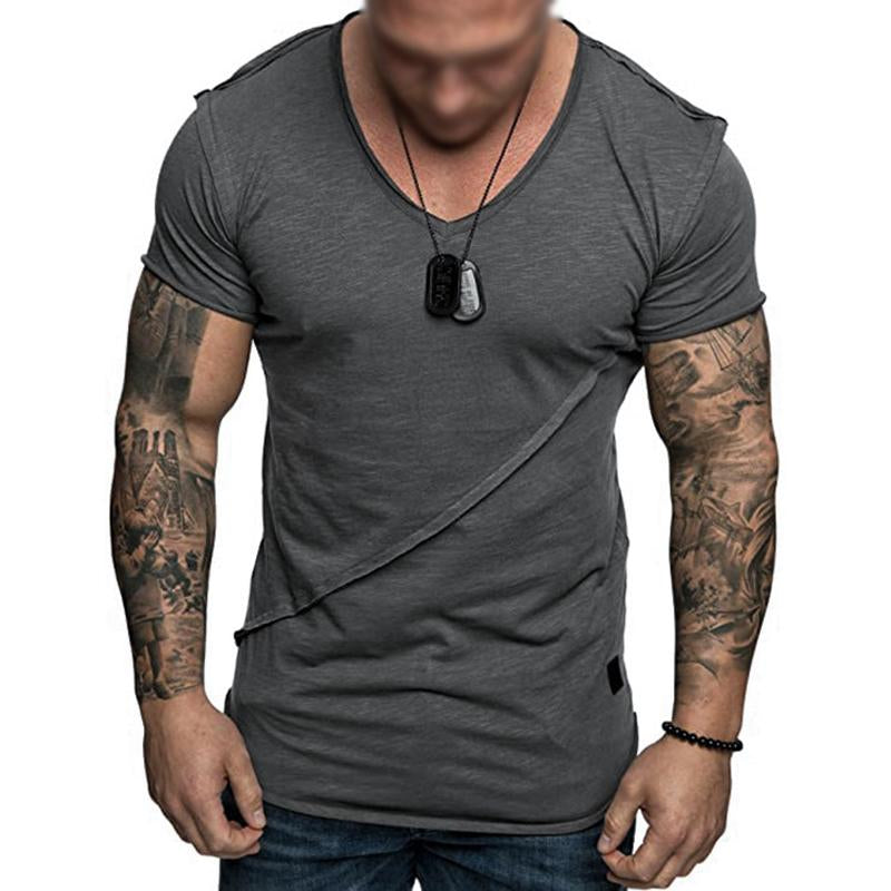 Mens Casual Stitching Solid Color V-Neck Short-Sleeved T-Shirt 36873241Y