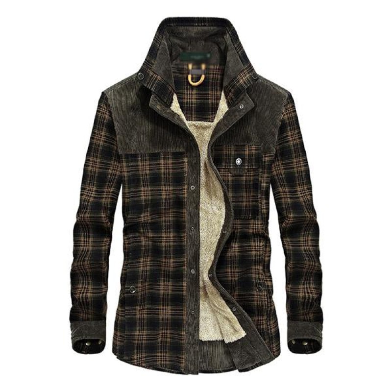 Mens Washed Cotton Plaid Lapel Fleece Thermal Jacket 14246512M