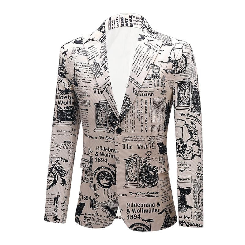 Mens Personalized Newspaper Print Lapel One Button Blazer 51736436M