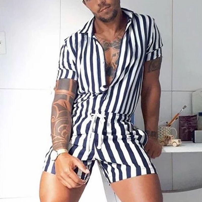 Mens Fashion Lapel Stripe Shorts Overall 00603333M