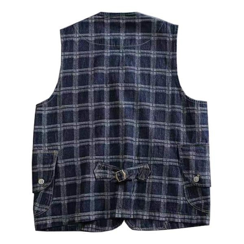 Mens Vintage Multi-pocket Cotton Washed Plaid Denim Vest 22819911M