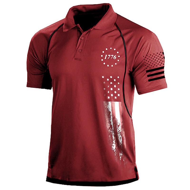 Mens Flag Print Lapel Short Sleeve Polo T-Shirt 95787594Y