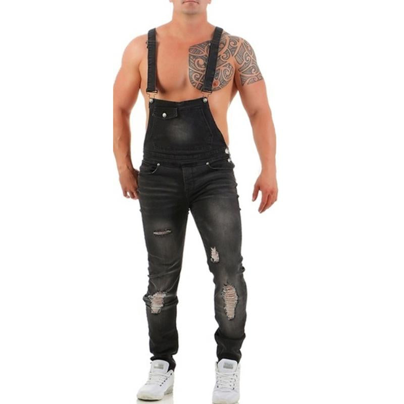 Mens Fashion Solid Color Ripped Denim Overalls 39074979Y