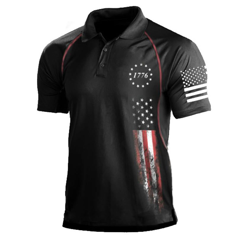 Mens Flag Print Lapel Short Sleeve Polo T-Shirt 95787594Y