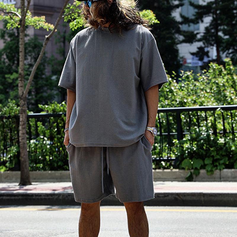 Mens Loose Solid Cotton Short Sleeve T-shirt Shorts Set 79265908Z