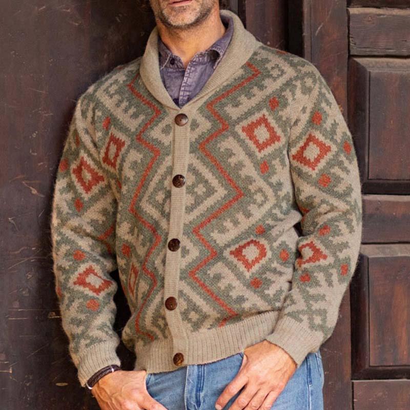 Mens Lapel Vintage Jacquard Knit Single Breasted Jacket 88845105M