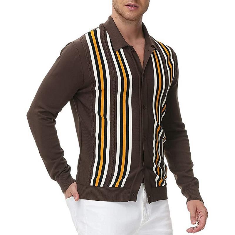 Mens Lapel Long Sleeve Striped Knit Cardigan 21119071M