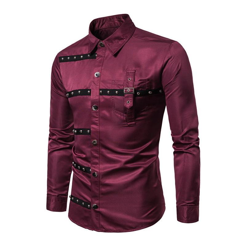 Mens Vintage Stud Lapel Long Sleeve Shirt 37571404M
