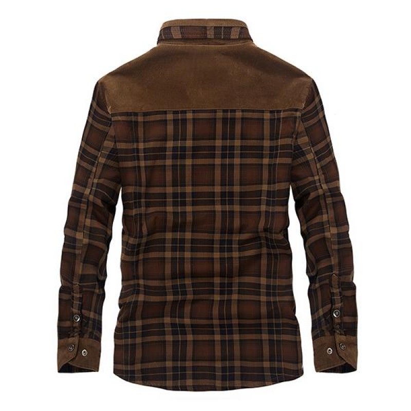 Mens Washed Cotton Plaid Lapel Fleece Thermal Jacket 14246512M