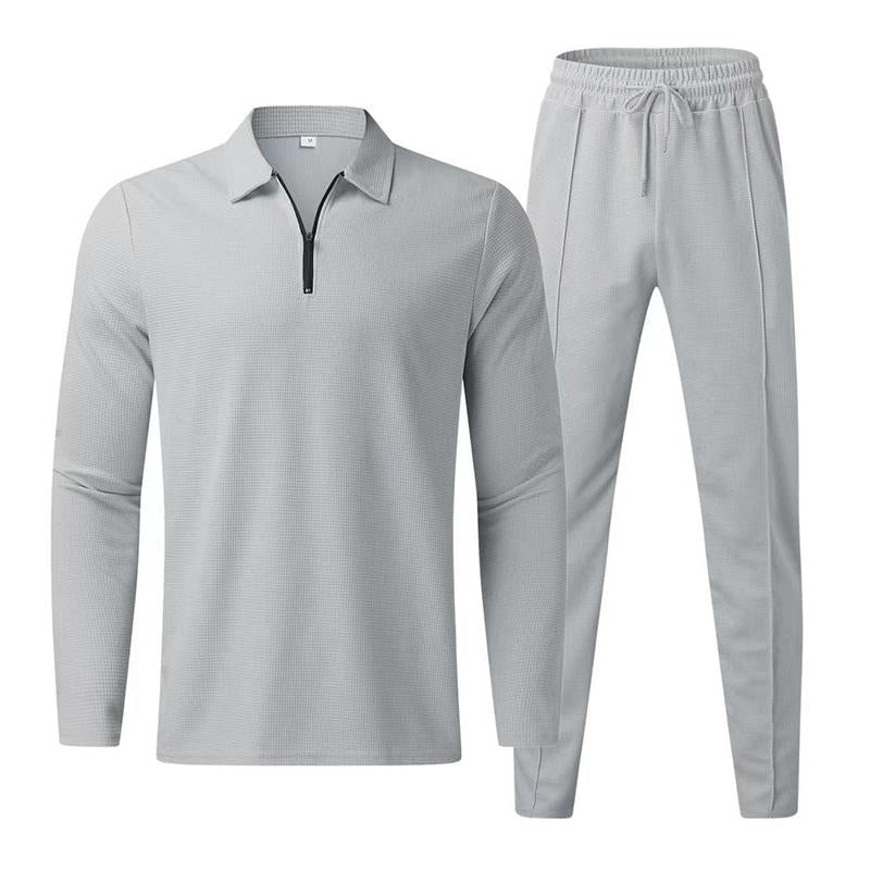 Mens Casual Lapel Long-Sleeved Polo Shirt And Trousers Two-Piece Set 09461761M