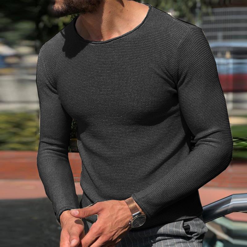 Mens Casual Solid Color Round Neck Long Sleeve Knitted Sweater 07050791Y