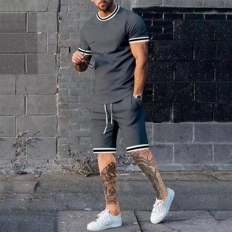 Mens Solid Color Short Sleeve Shorts Set 57608237X