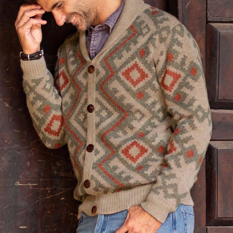 Mens Lapel Vintage Jacquard Knit Single Breasted Jacket 88845105M