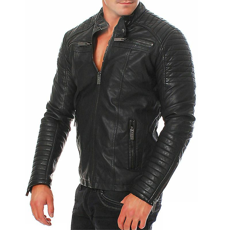 Mens Stand Collar Zipper Leather Biker Jacket 53182630M