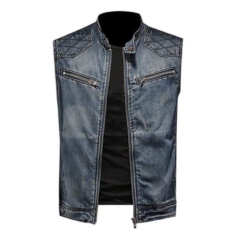 Mens Retro Stand Collar Denim Vest 85527181M