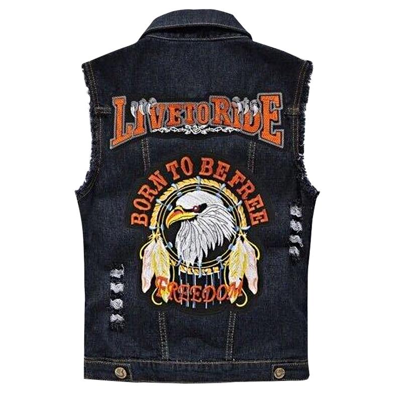Mens Vintage Ripped Motorcycle Embroidered Patch Denim Vest 98731616Y