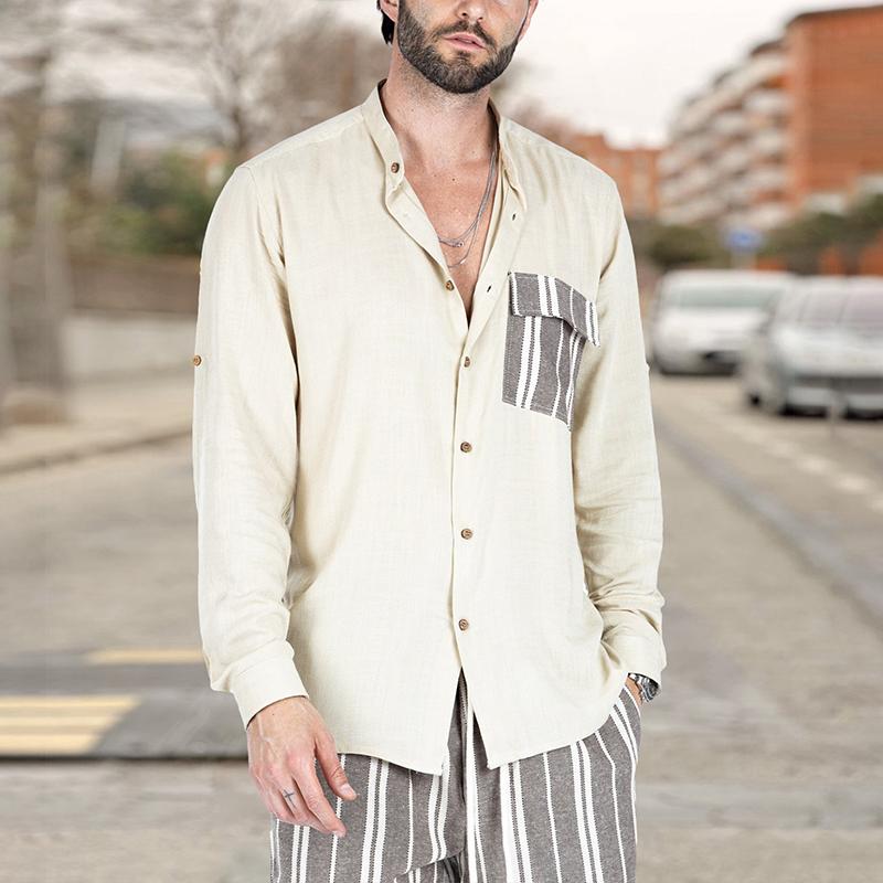 MenS Casual Summer Color Contrast Stitching Lapel Long-Sleeved Shirt 82610754M