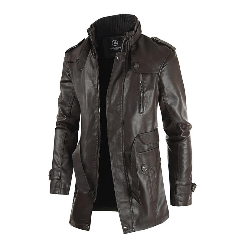 Mens Stand Collar Fleece Leather Jacket 64581367X