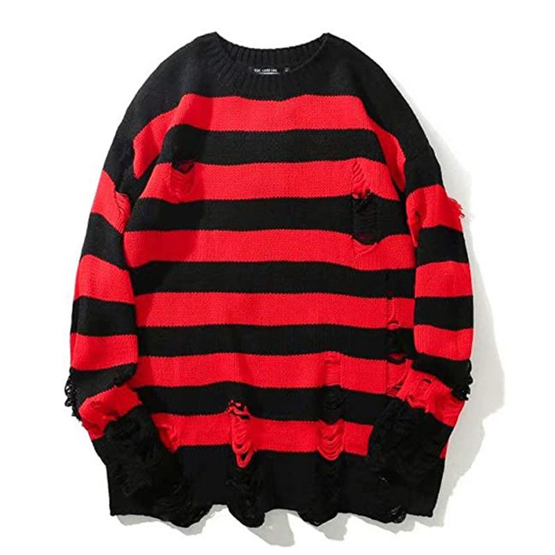 Mens Casual Round Neck Striped Ripped Sweater 27144386M
